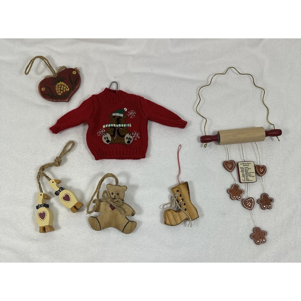 Wooden Christmas Ornaments Teddy Bear Heart German Gingerbread Lot Of 6 Country